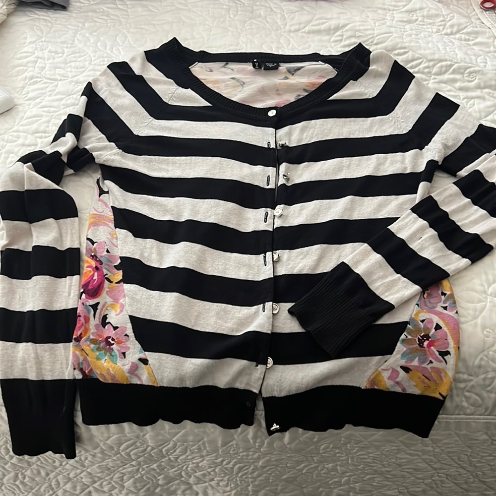 Cotton cardigan- black and white nautical design with floral detail on back.